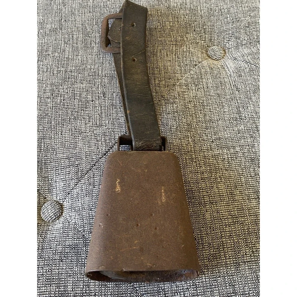 VTG Antique Rustic Metal Cowbell with Heavy Leather Strap & Iron Buckle Country